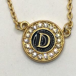 Vintage Enamel Rhinestone Initial D Necklace Gold Tone 18”